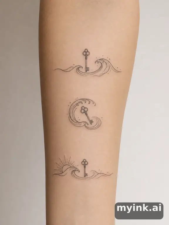 Three symbolic memorial tattoo routes based on ocean waves and a small key — Minimalist Tattoo Design reference image