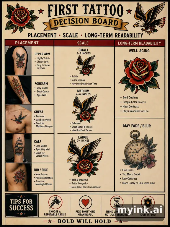 First tattoo decision board comparing placement — Traditional Tattoo Design reference image