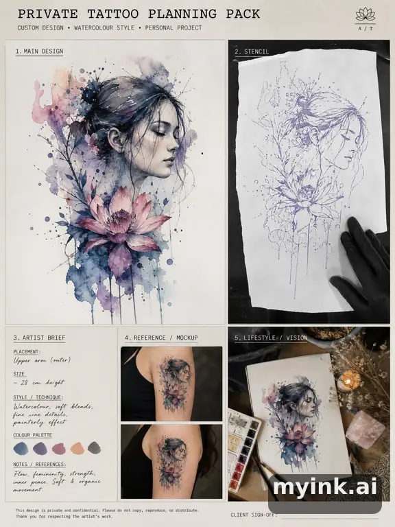 Private tattoo planning pack layout with main design — Watercolor Tattoo Design reference image