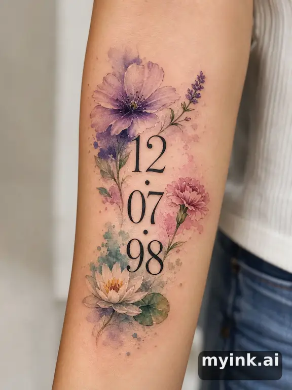 Birth date numbers surrounded by birth month flowers — Watercolor Tattoo Design reference image