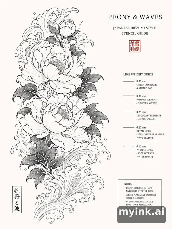 Clean stencil-ready botanical tattoo with line weight annotations — Japanese Tattoo Design reference image