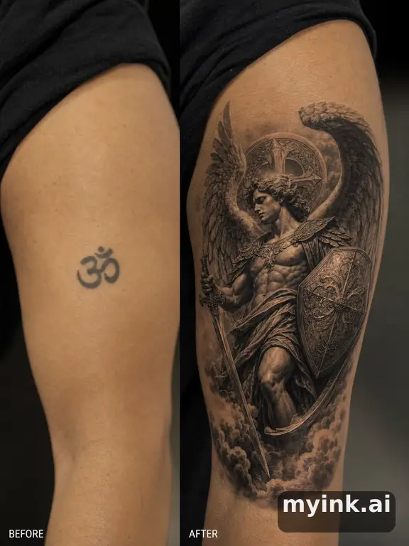 Before-and-after cover-up direction that absorbs an old small symbol — Realistic Tattoo Design reference image