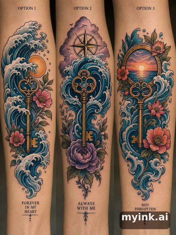 Three symbolic memorial tattoo routes based on ocean waves and a small key — Neotraditional Tattoo Design reference image