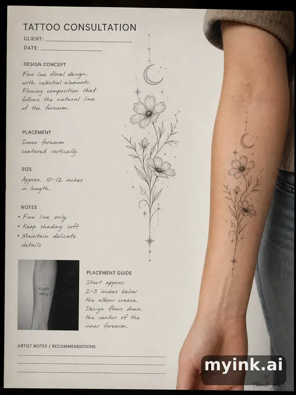 First tattoo consultation sheet with a fine-line forearm design and placement notes — Realistic Tattoo Design reference image