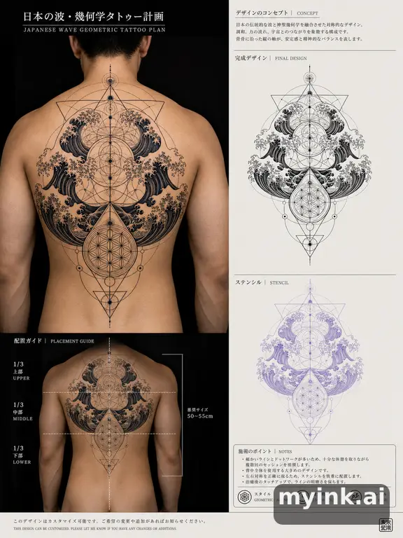 Consultation-ready Japanese wave tattoo plan with stencil and placement notes — Geometric Tattoo Design reference image