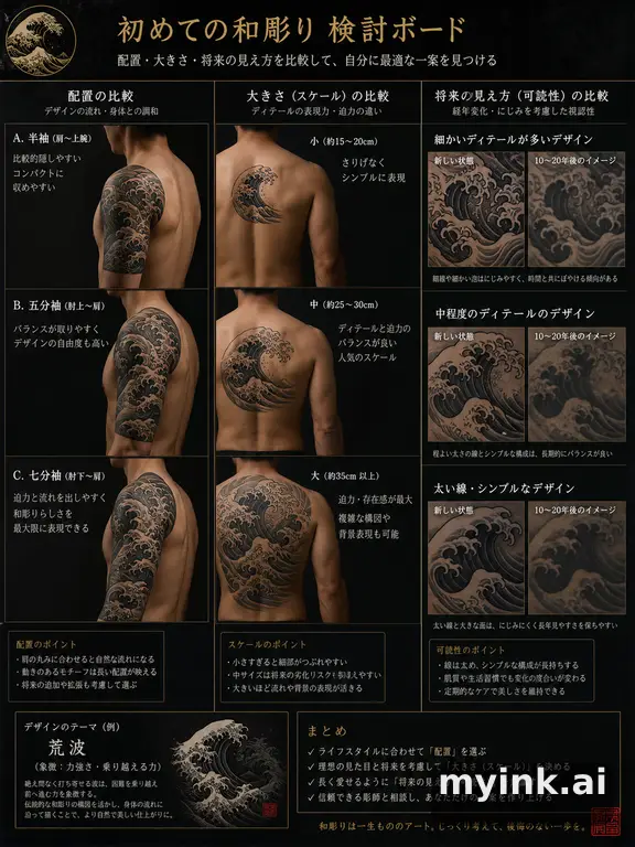 First tattoo decision board comparing placement — Japanese Tattoo Design reference image