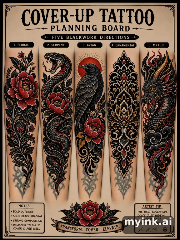 Cover-up tattoo planning board showing five blackwork directions — Neotraditional Tattoo Design reference image