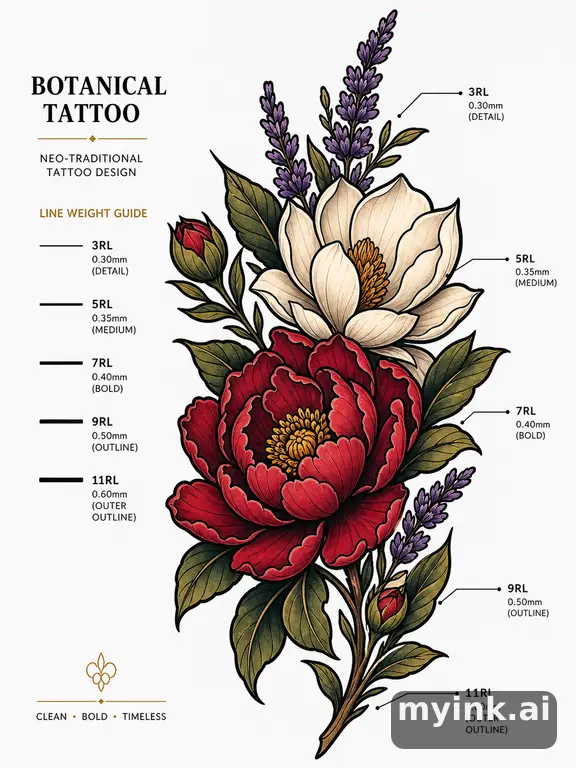 Clean stencil-ready botanical tattoo with line weight annotations — Neotraditional Tattoo Design reference image