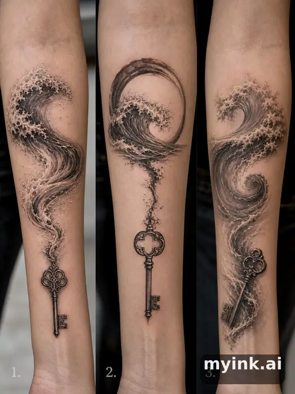 Three symbolic memorial tattoo routes based on ocean waves and a small key — Realistic Tattoo Design reference image
