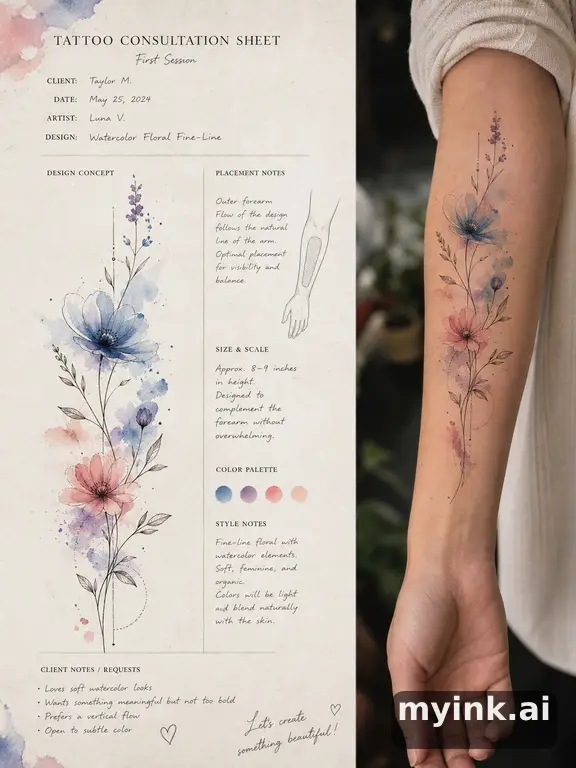 First tattoo consultation sheet with a fine-line forearm design and placement notes — Watercolor Tattoo Design reference image