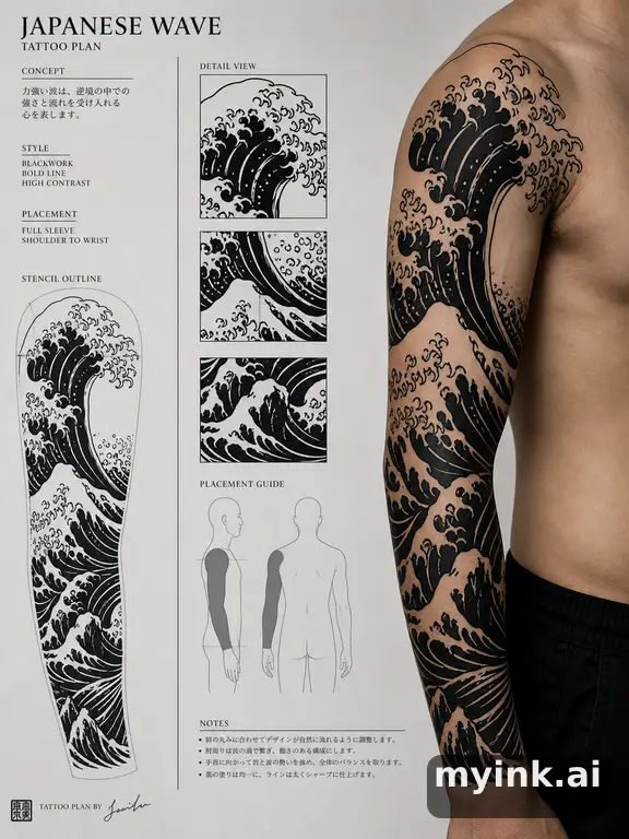 Consultation-ready Japanese wave tattoo plan with stencil and placement notes — Blackwork Tattoo Design reference image
