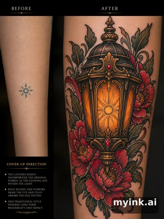 Before-and-after cover-up direction that absorbs an old small symbol — Neotraditional Tattoo Design reference image
