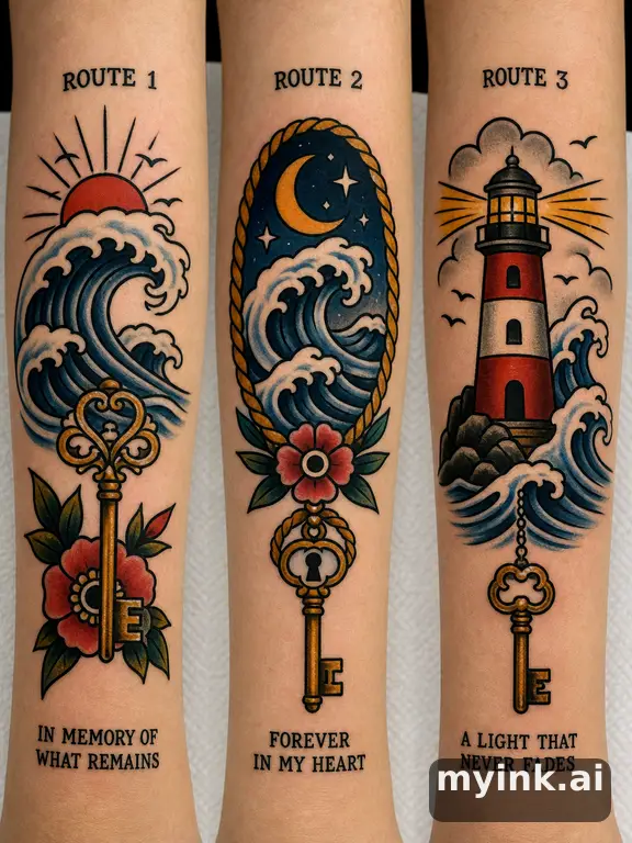 Three symbolic memorial tattoo routes based on ocean waves and a small key — Traditional Tattoo Design reference image