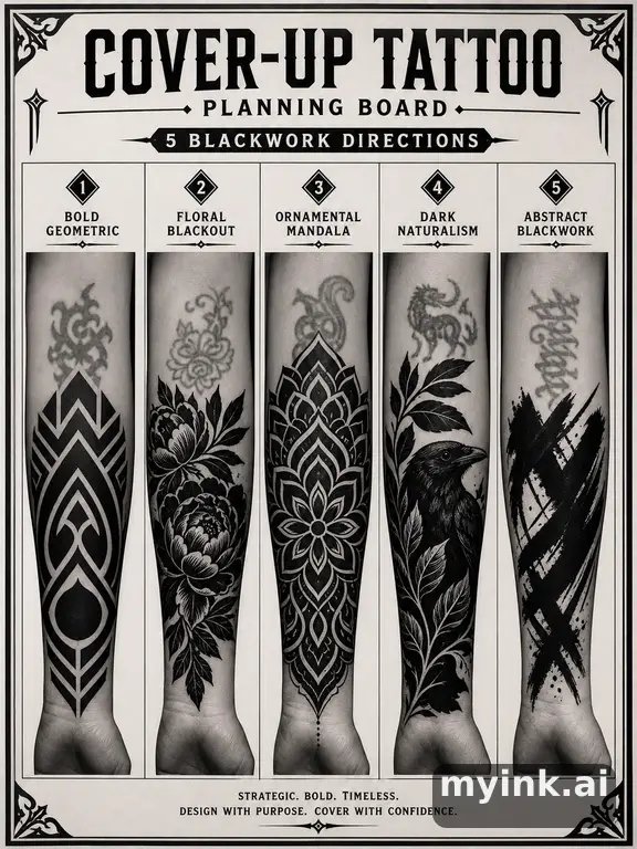 Cover-up tattoo planning board showing five blackwork directions — Blackwork Tattoo Design reference image