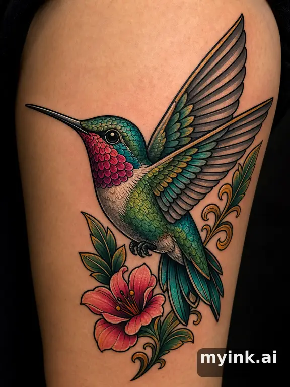 Hummingbird in flight — Neotraditional Tattoo Design reference image