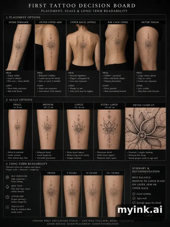 First tattoo decision board comparing placement β Dotwork Tattoo Design reference image