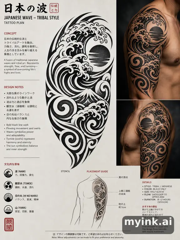 Consultation-ready Japanese wave tattoo plan with stencil and placement notes β Tribal Tattoo Design reference image