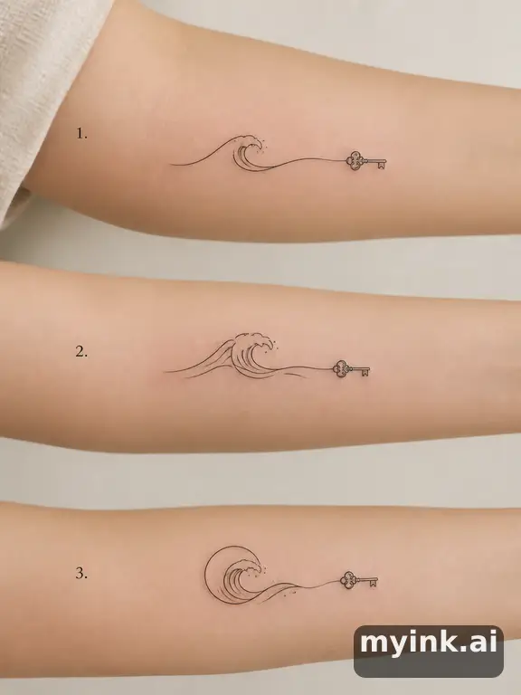 Three symbolic memorial tattoo routes based on ocean waves and a small key — Minimalist Tattoo Design reference image