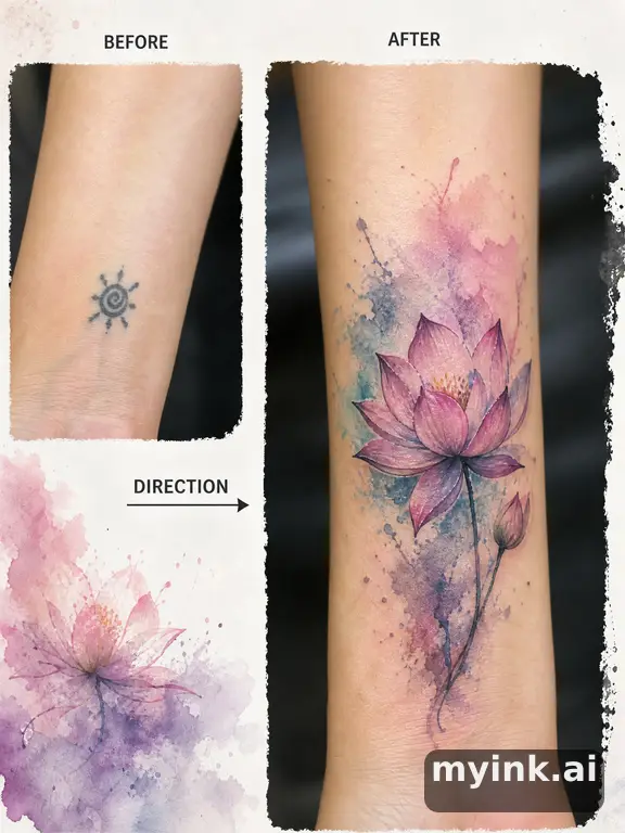 Before-and-after cover-up direction that absorbs an old small symbol — Watercolor Tattoo Design reference image