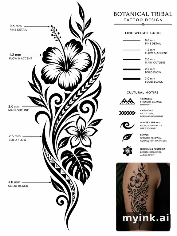 Clean stencil-ready botanical tattoo with line weight annotations β Tribal Tattoo Design reference image