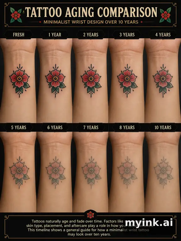 Tattoo aging comparison for a minimalist wrist design over ten years — Neotraditional Tattoo Design reference image