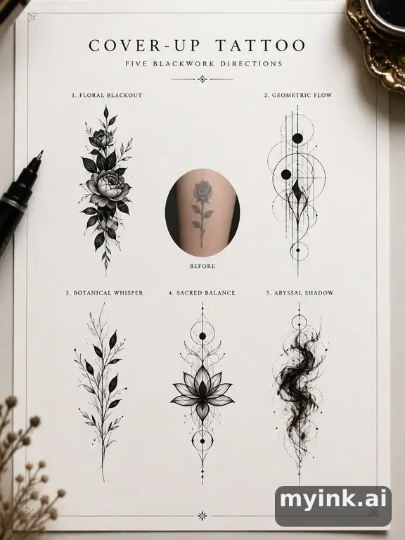 Cover-up tattoo planning board showing five blackwork directions — Minimalist Tattoo Design reference image