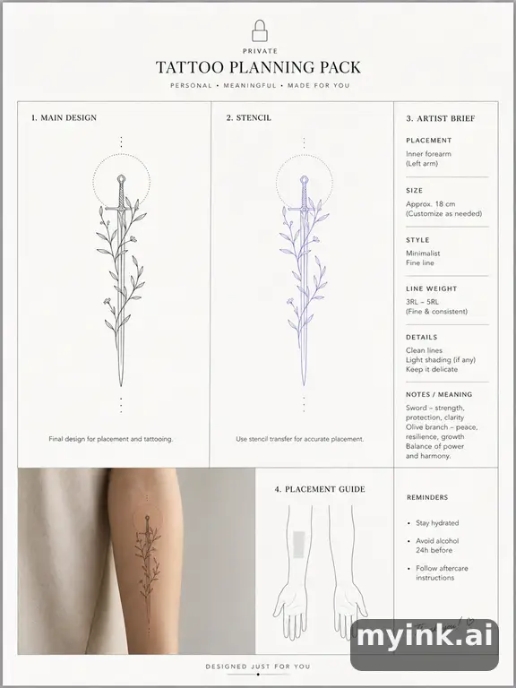 Private tattoo planning pack layout with main design — Minimalist Tattoo Design reference image