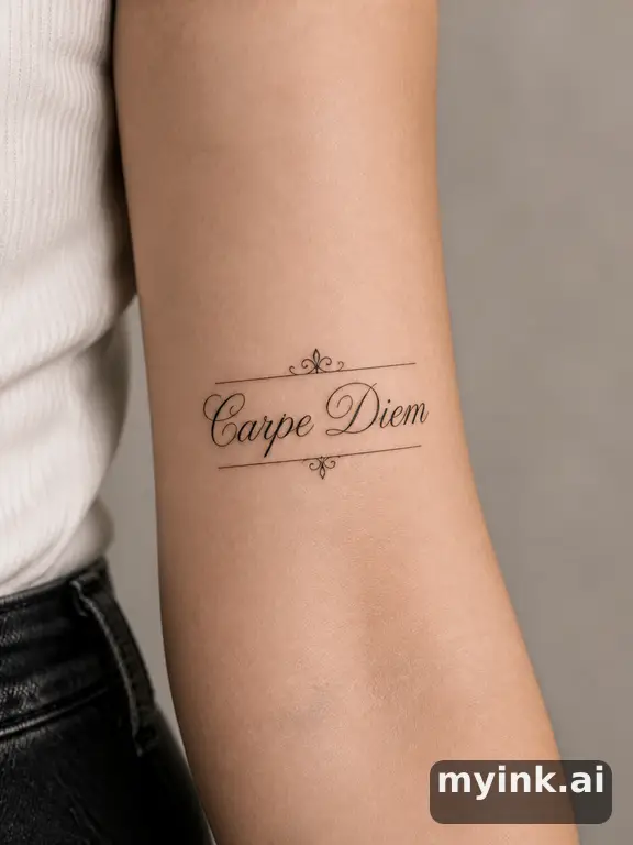 Phrase 'Carpe Diem' in vintage lettering — Minimalist Tattoo Design reference image