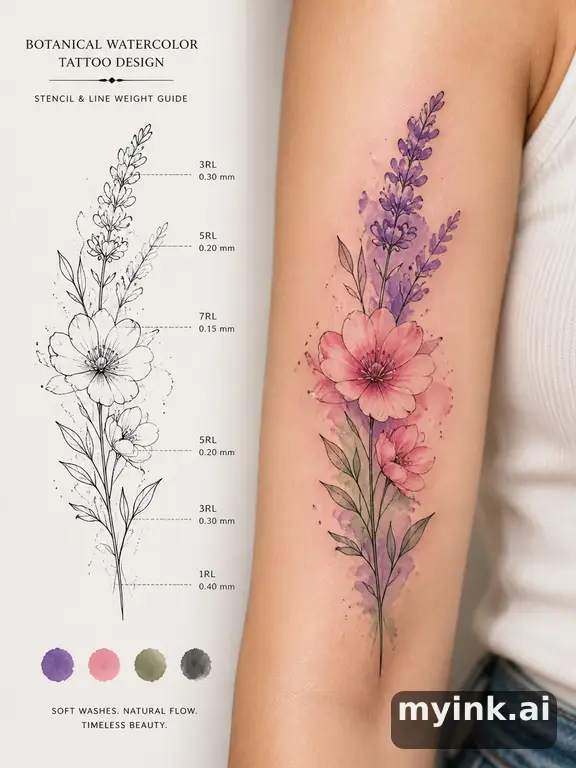Clean stencil-ready botanical tattoo with line weight annotations — Watercolor Tattoo Design reference image