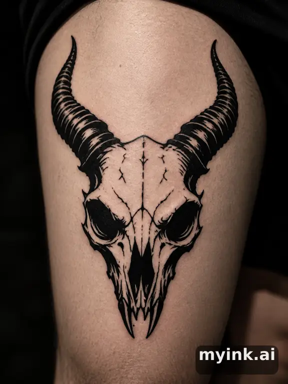 Skull with horns — Blackwork Tattoo Design reference image
