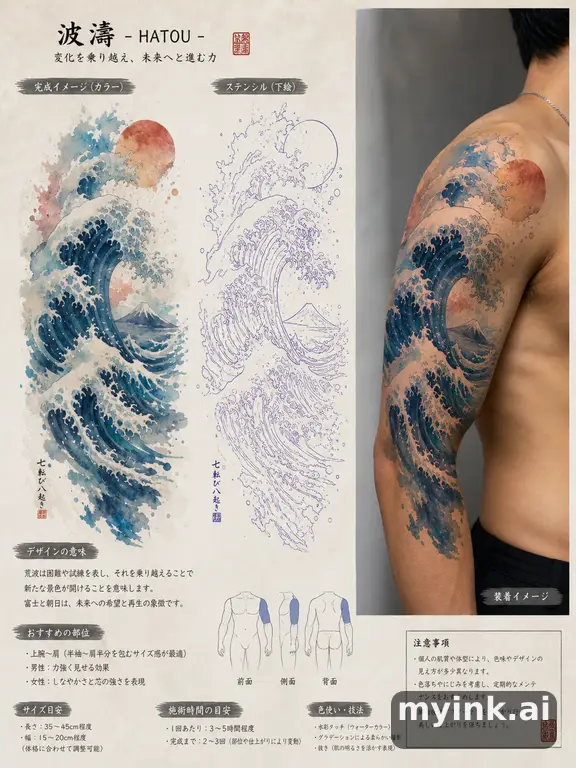 Consultation-ready Japanese wave tattoo plan with stencil and placement notes — Watercolor Tattoo Design reference image