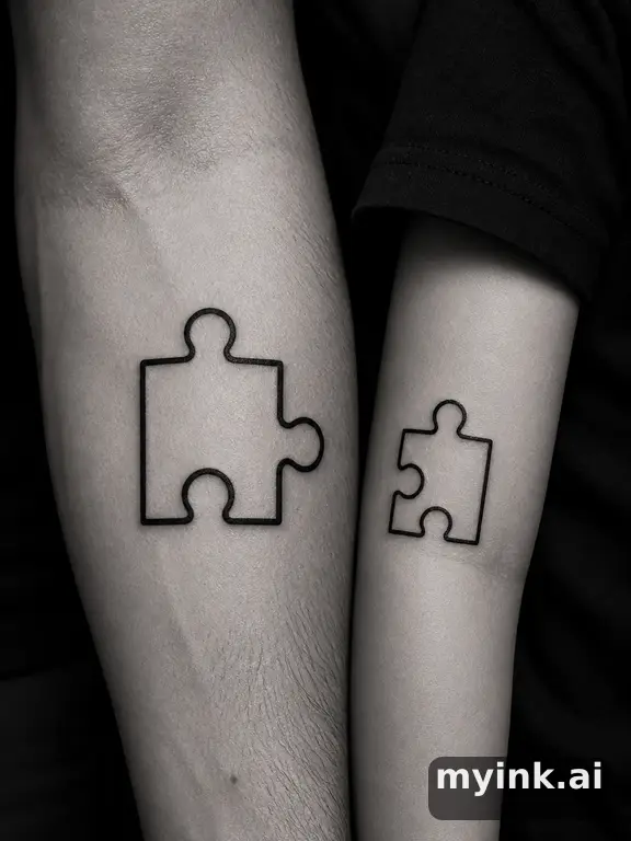 Parent and child matching puzzle pieces in fine-line style — Blackwork Tattoo Design reference image