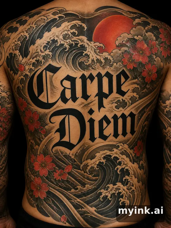Phrase 'Carpe Diem' in vintage lettering — Japanese Tattoo Design reference image