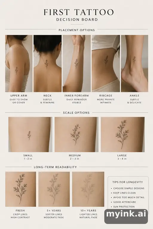 First tattoo decision board comparing placement — Minimalist Tattoo Design reference image