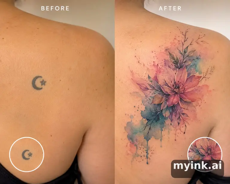 Before-and-after cover-up direction that absorbs an old small symbol — Watercolor Tattoo Design reference image