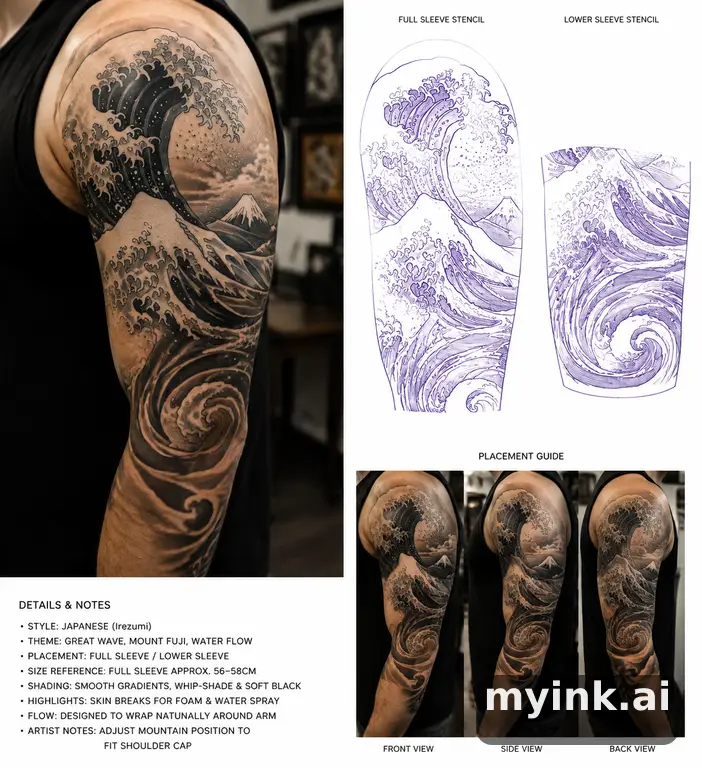 Consultation-ready Japanese wave tattoo plan with stencil and placement notes — Realistic Tattoo Design reference image