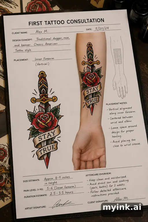 First tattoo consultation sheet with a fine-line forearm design and placement notes — Traditional Tattoo Design reference image