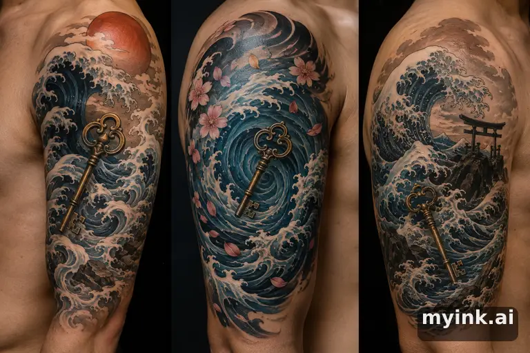 Three symbolic memorial tattoo routes based on ocean waves and a small key — Japanese Tattoo Design reference image