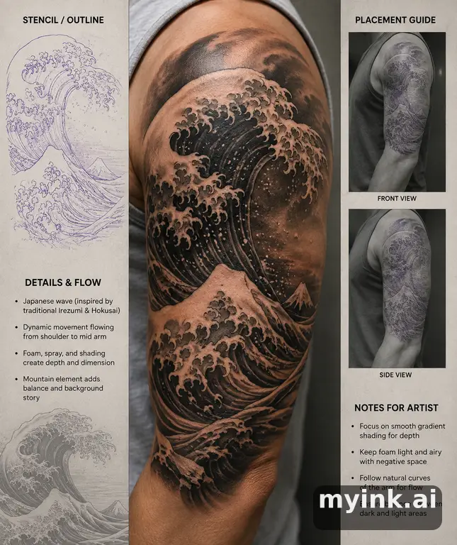 Consultation-ready Japanese wave tattoo plan with stencil and placement notes — Realistic Tattoo Design reference image