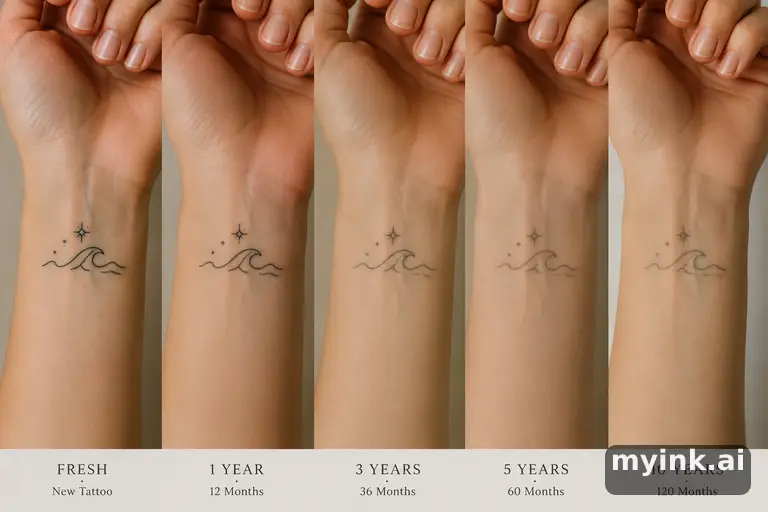 Tattoo aging comparison for a minimalist wrist design over ten years — Minimalist Tattoo Design reference image