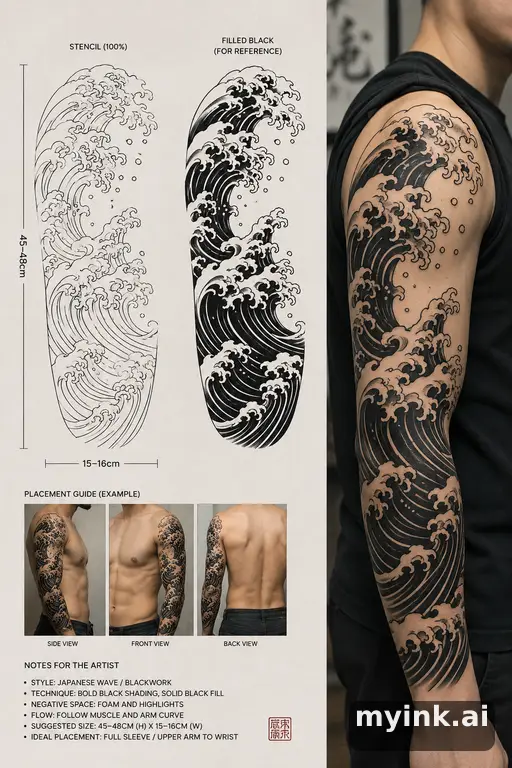 Consultation-ready Japanese wave tattoo plan with stencil and placement notes — Blackwork Tattoo Design reference image