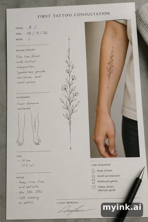 First tattoo consultation sheet with a fine-line forearm design and placement notes — Minimalist Tattoo Design reference image