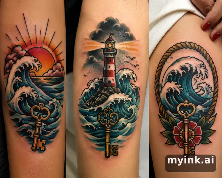 Three symbolic memorial tattoo routes based on ocean waves and a small key — Traditional Tattoo Design reference image
