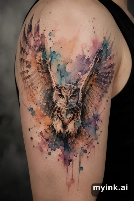 Owl with spread wings — Watercolor Tattoo Design reference image