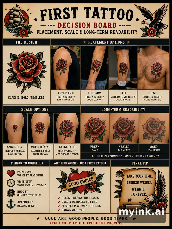 First tattoo decision board comparing placement — Traditional Tattoo Design reference image