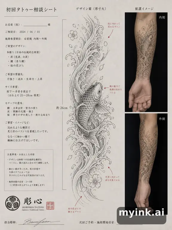 First tattoo consultation sheet with a fine-line forearm design and placement notes — Japanese Tattoo Design reference image