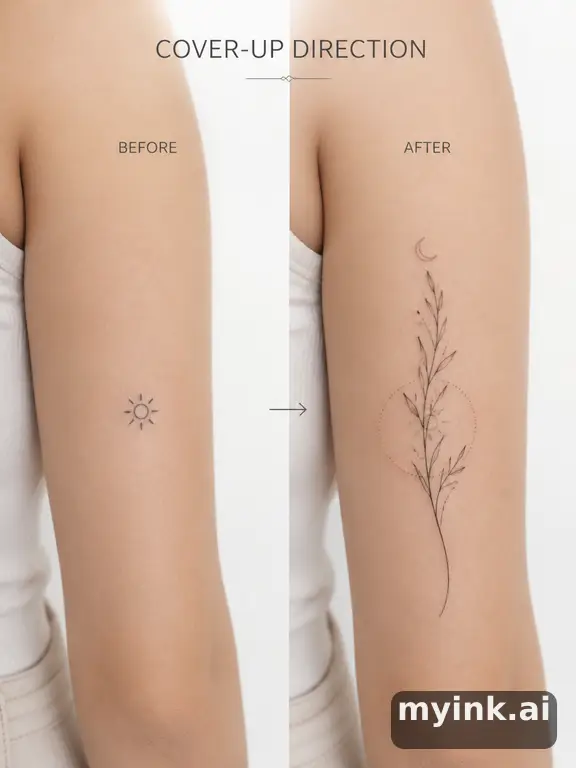 Before-and-after cover-up direction that absorbs an old small symbol — Minimalist Tattoo Design reference image