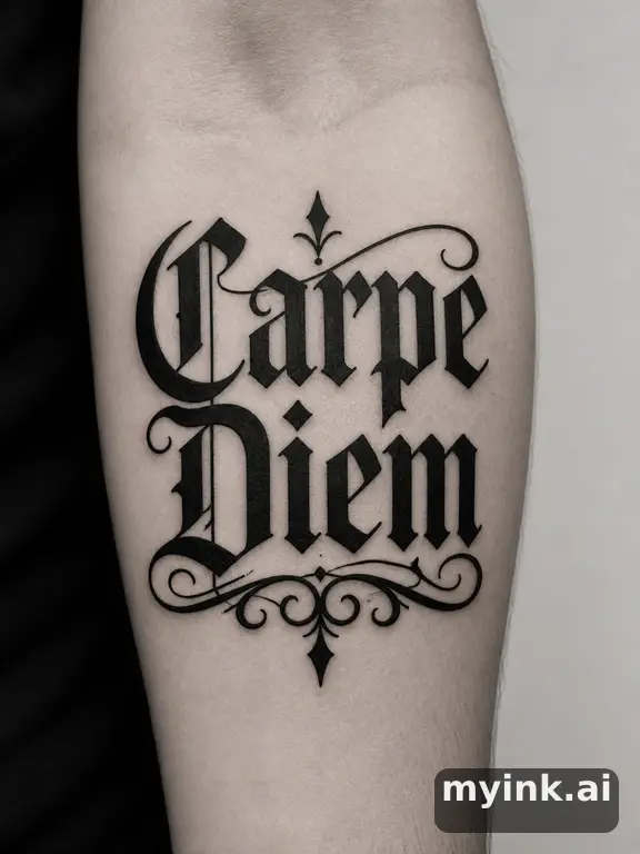 Phrase 'Carpe Diem' in vintage lettering — Blackwork Tattoo Design reference image