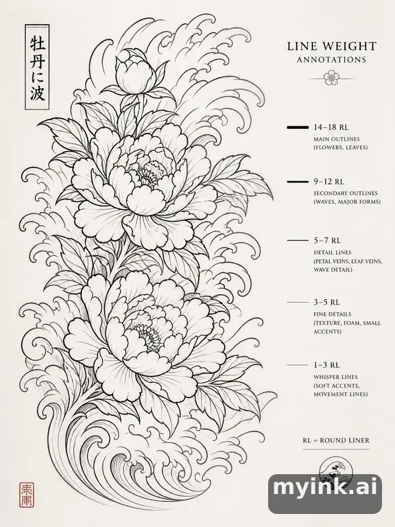 Clean stencil-ready botanical tattoo with line weight annotations — Japanese Tattoo Design reference image