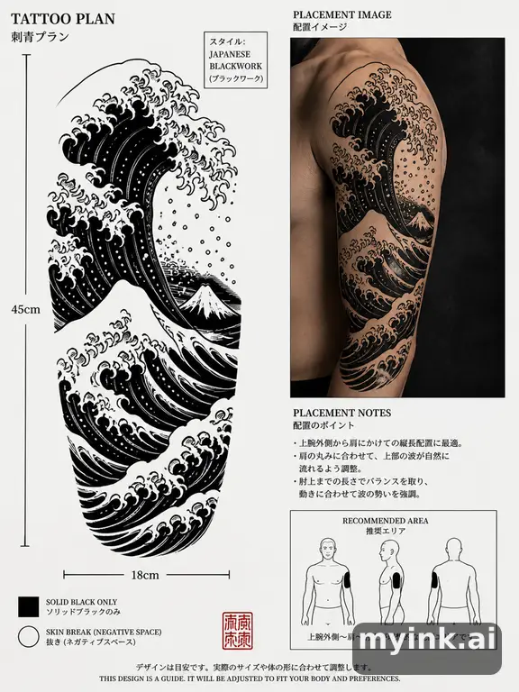 Consultation-ready Japanese wave tattoo plan with stencil and placement notes — Blackwork Tattoo Design reference image